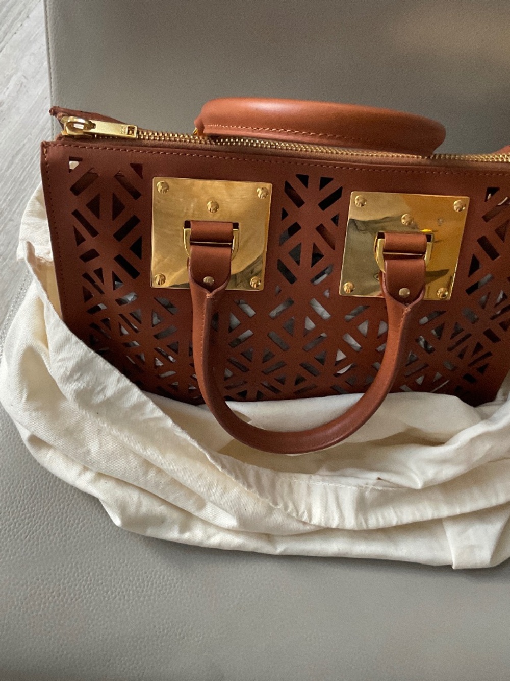 Sophie Hulme London- laser cut leather tote with brass plates- carmel
